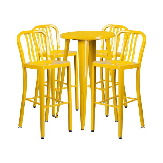 Commercial Grade 24" Round Yellow Metal Indoor-Outdoor Bar Table Set with 4 Vertical Slat Back Stools