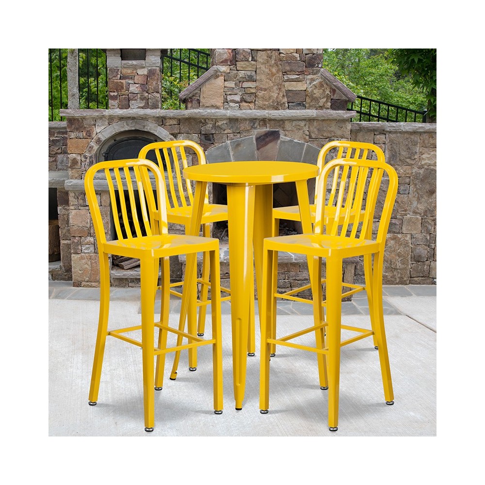 Commercial Grade 24" Round Yellow Metal Indoor-Outdoor Bar Table Set with 4 Vertical Slat Back Stools