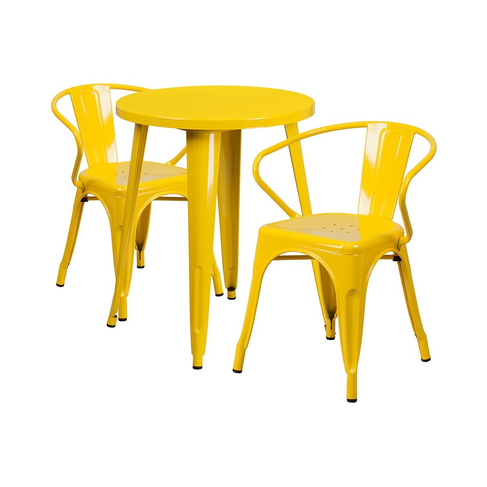 Commercial Grade 24" Round Yellow Metal Indoor-Outdoor Table Set with 2 Arm Chairs