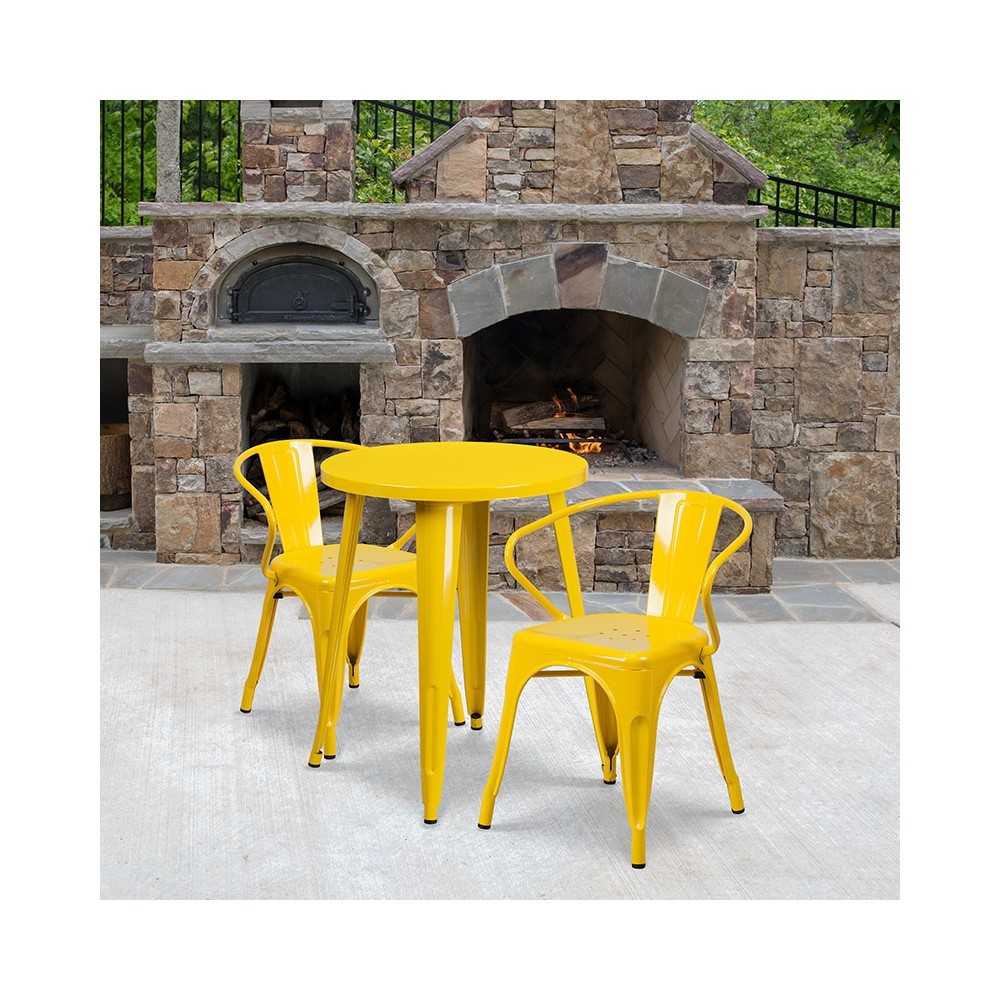 Commercial Grade 24" Round Yellow Metal Indoor-Outdoor Table Set with 2 Arm Chairs