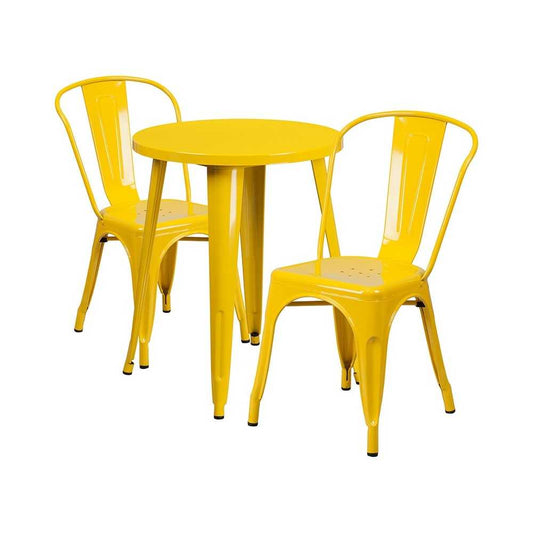 Commercial Grade 24" Round Yellow Metal Indoor-Outdoor Table Set with 2 Cafe Chairs