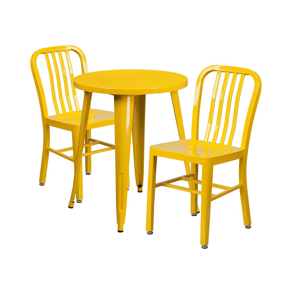 Commercial Grade 24" Round Yellow Metal Indoor-Outdoor Table Set with 2 Vertical Slat Back Chairs