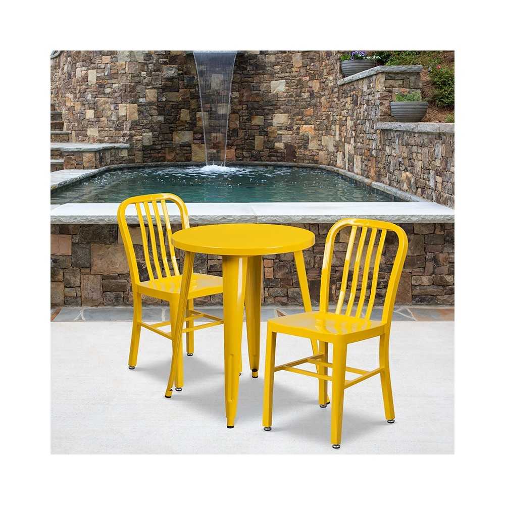 Commercial Grade 24" Round Yellow Metal Indoor-Outdoor Table Set with 2 Vertical Slat Back Chairs