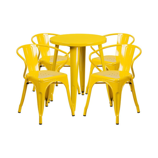 Commercial Grade 24" Round Yellow Metal Indoor-Outdoor Table Set with 4 Arm Chairs