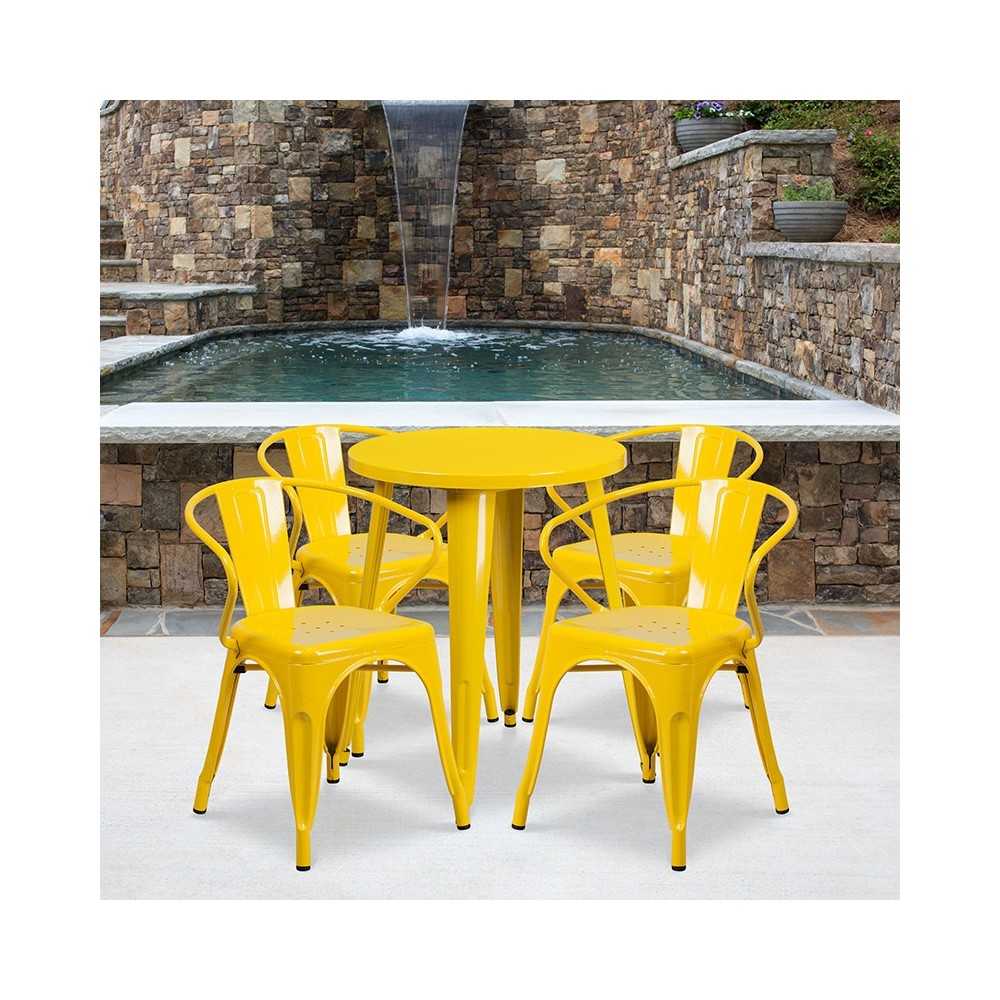 Commercial Grade 24" Round Yellow Metal Indoor-Outdoor Table Set with 4 Arm Chairs