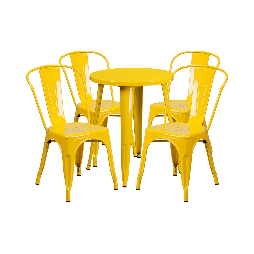 Commercial Grade 24" Round Yellow Metal Indoor-Outdoor Table Set with 4 Cafe Chairs