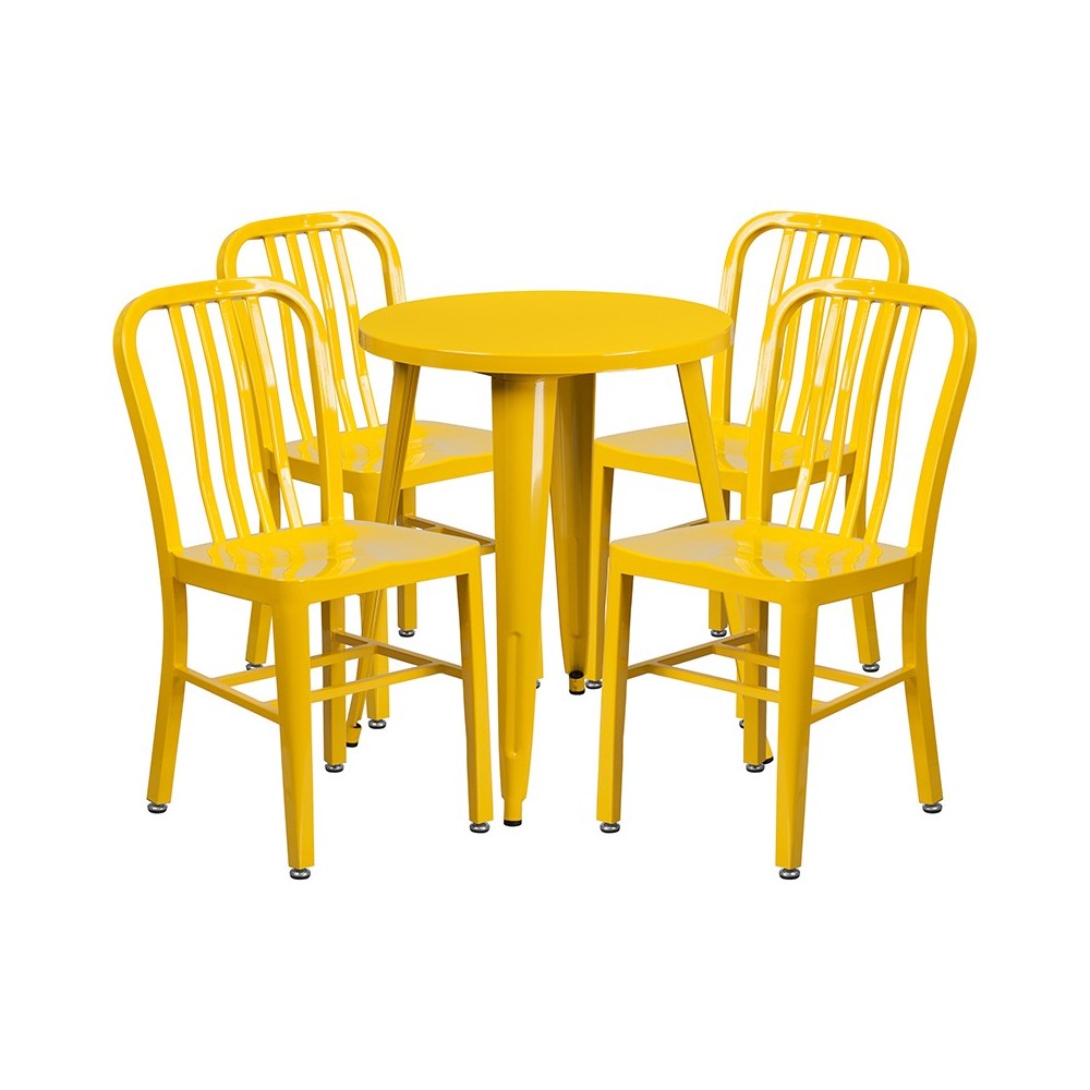 Commercial Grade 24" Round Yellow Metal Indoor-Outdoor Table Set with 4 Vertical Slat Back Chairs