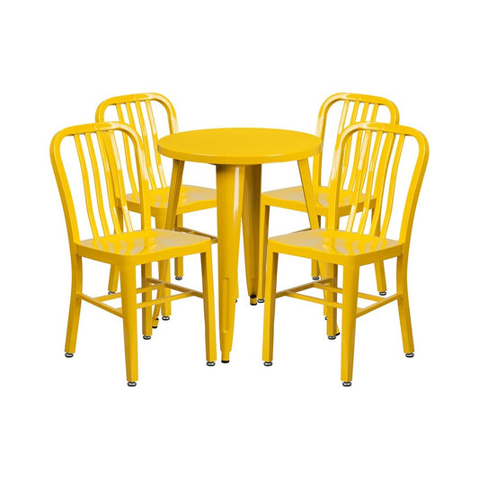 Commercial Grade 24" Round Yellow Metal Indoor-Outdoor Table Set with 4 Vertical Slat Back Chairs