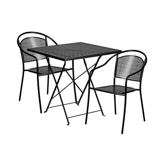 Commercial Grade 28" Square Black Indoor-Outdoor Steel Folding Patio Table Set with 2 Round Back Chairs