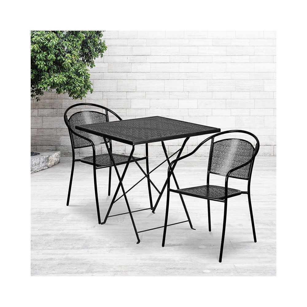 Commercial Grade 28" Square Black Indoor-Outdoor Steel Folding Patio Table Set with 2 Round Back Chairs