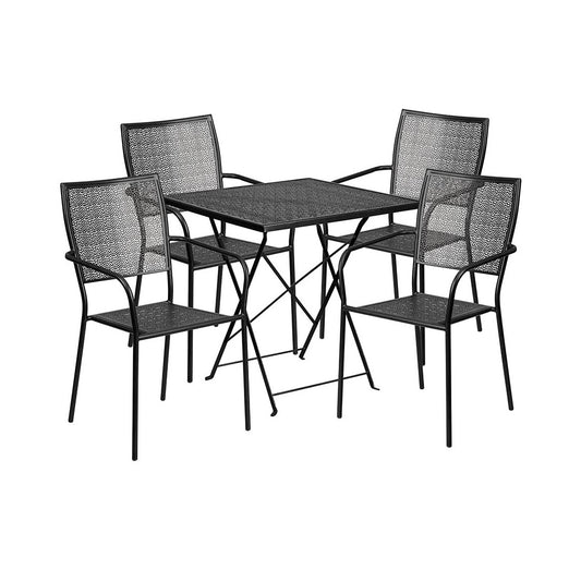 Commercial Grade 28" Square Black Indoor-Outdoor Steel Folding Patio Table Set with 4 Square Back Chairs