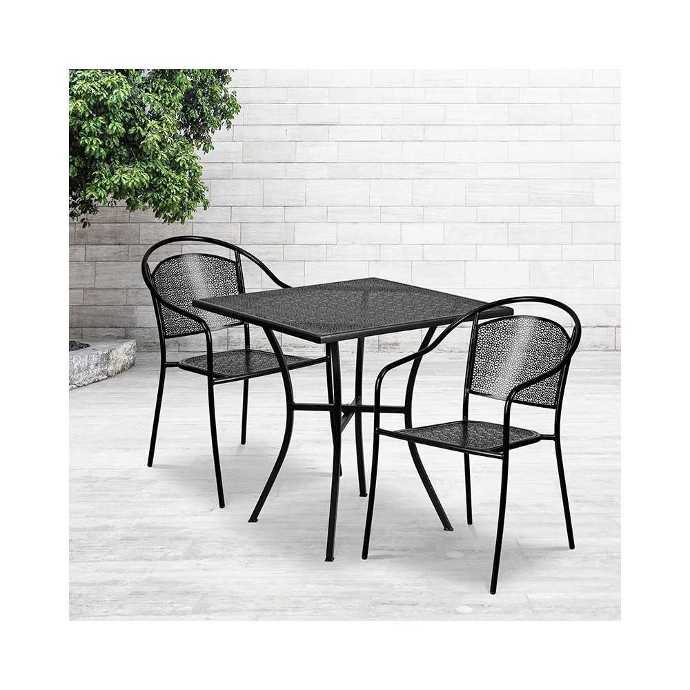 Commercial Grade 28" Square Black Indoor-Outdoor Steel Patio Table Set with 2 Round Back Chairs