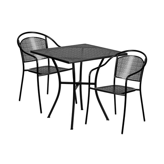 Commercial Grade 28" Square Black Indoor-Outdoor Steel Patio Table Set with 2 Round Back Chairs