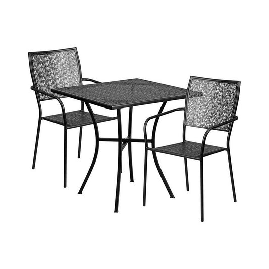 Commercial Grade 28" Square Black Indoor-Outdoor Steel Patio Table Set with 2 Square Back Chairs