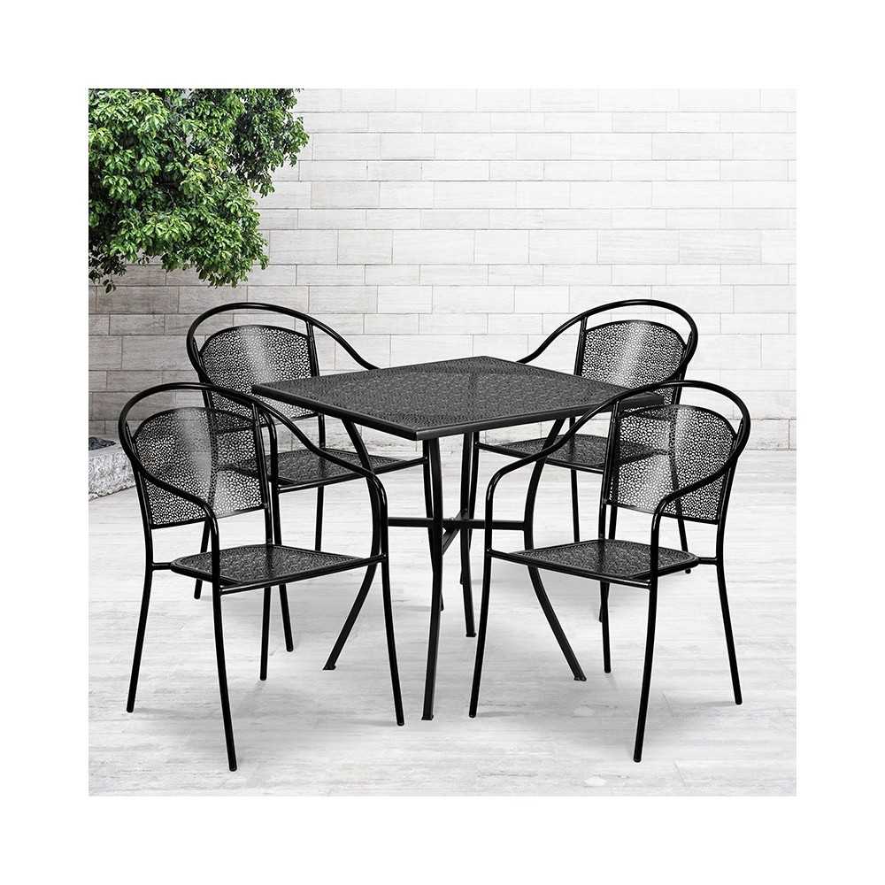 Commercial Grade 28" Square Black Indoor-Outdoor Steel Patio Table Set with 4 Round Back Chairs