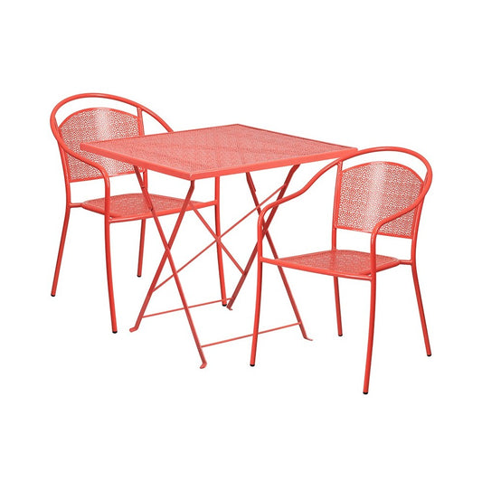 Commercial Grade 28" Square Coral Indoor-Outdoor Steel Folding Patio Table Set with 2 Round Back Chairs
