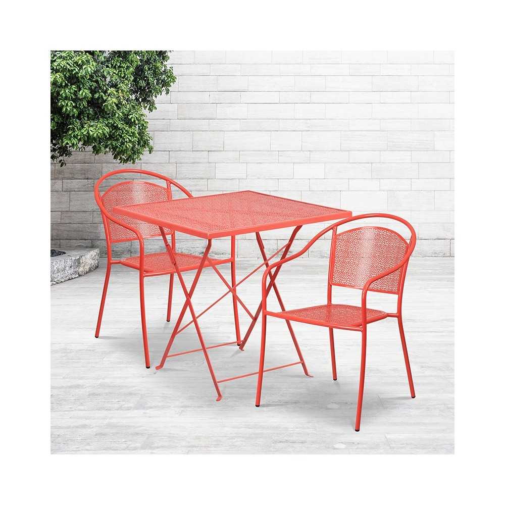 Commercial Grade 28" Square Coral Indoor-Outdoor Steel Folding Patio Table Set with 2 Round Back Chairs