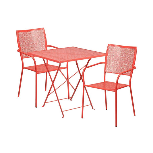 Commercial Grade 28" Square Coral Indoor-Outdoor Steel Folding Patio Table Set with 2 Square Back Chairs