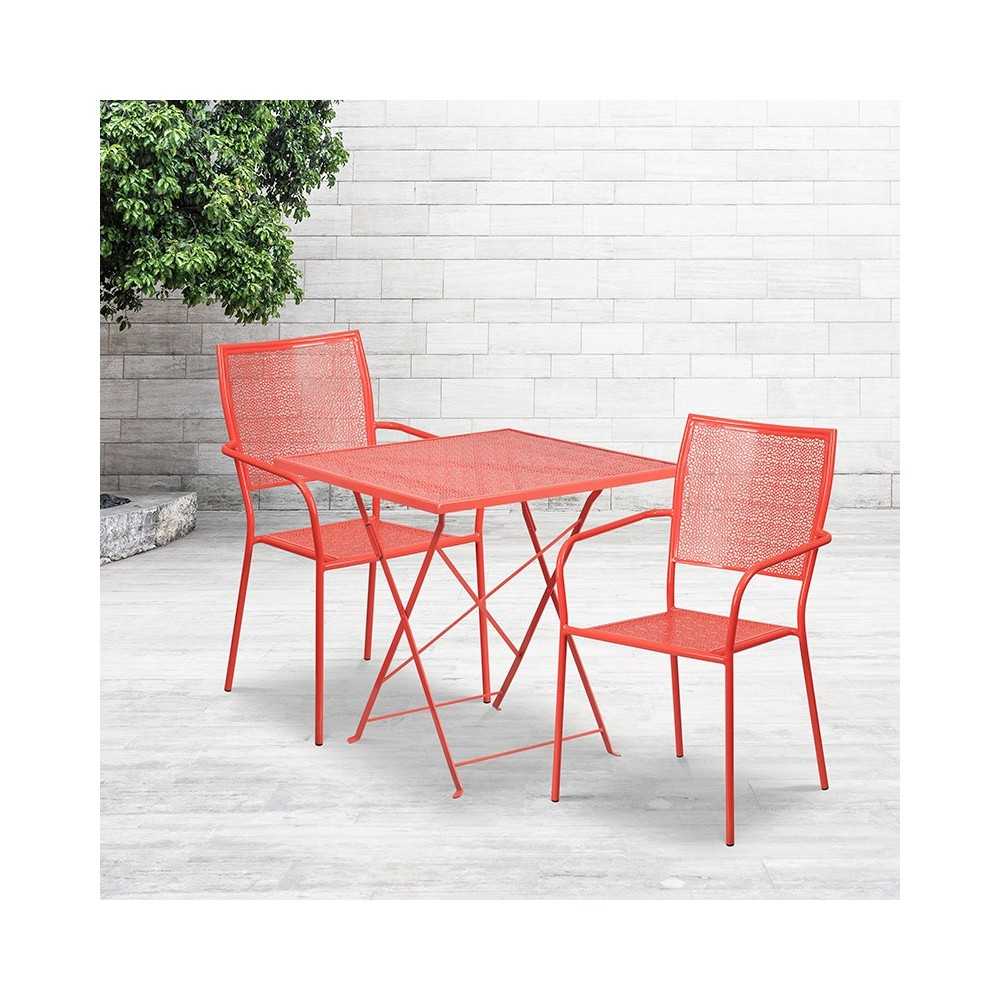 Commercial Grade 28" Square Coral Indoor-Outdoor Steel Folding Patio Table Set with 2 Square Back Chairs