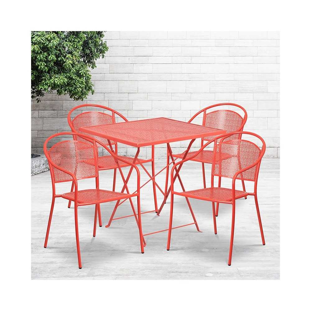 Commercial Grade 28" Square Coral Indoor-Outdoor Steel Folding Patio Table Set with 4 Round Back Chairs