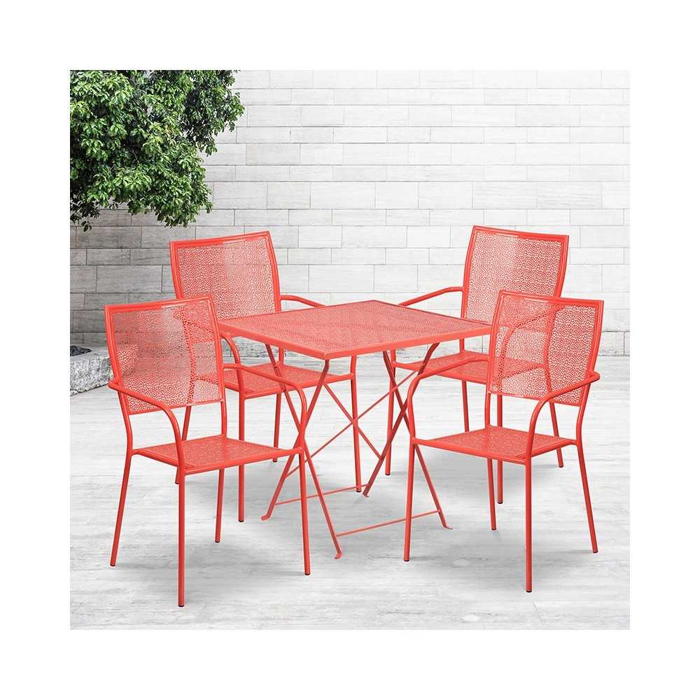 Commercial Grade 28" Square Coral Indoor-Outdoor Steel Folding Patio Table Set with 4 Square Back Chairs