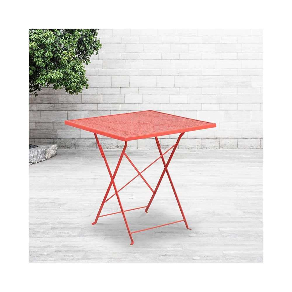 Commercial Grade 28" Square Coral Indoor-Outdoor Steel Folding Patio Table