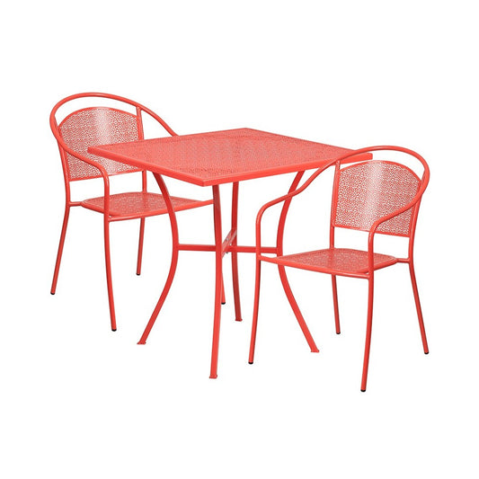 Commercial Grade 28" Square Coral Indoor-Outdoor Steel Patio Table Set with 2 Round Back Chairs