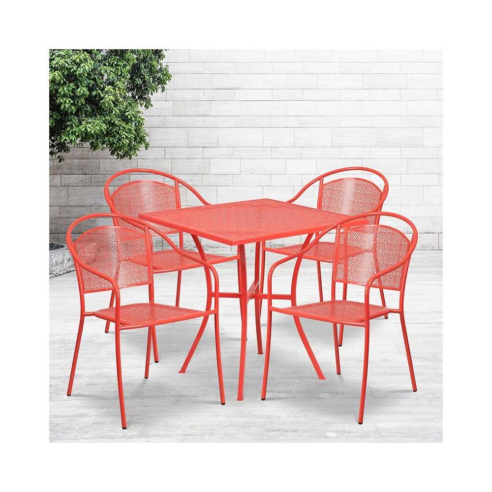 Commercial Grade 28" Square Coral Indoor-Outdoor Steel Patio Table Set with 4 Round Back Chairs