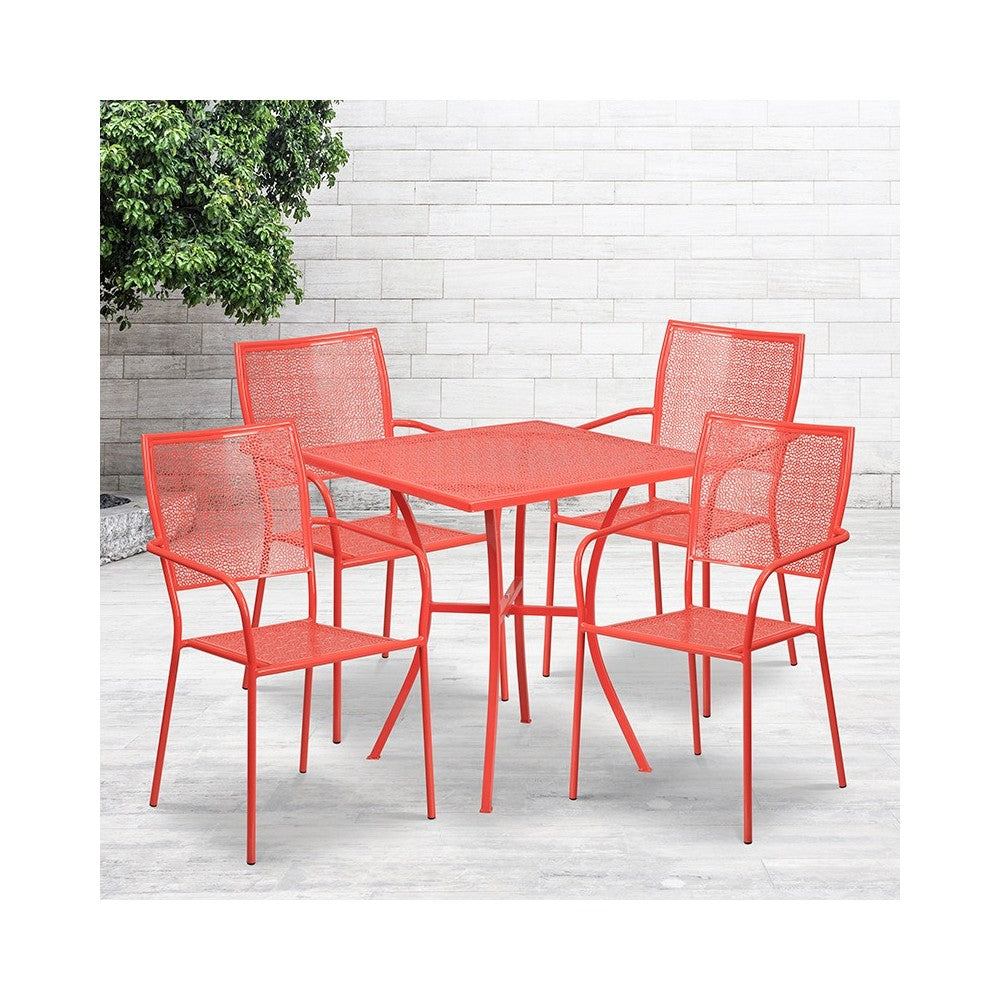Commercial Grade 28" Square Coral Indoor-Outdoor Steel Patio Table Set with 4 Square Back Chairs