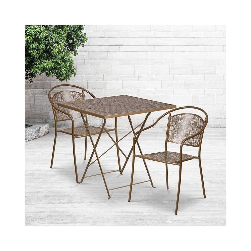 Commercial Grade 28" Square Gold Indoor-Outdoor Steel Folding Patio Table Set with 2 Round Back Chairs