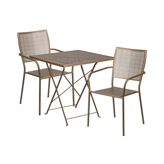 Commercial Grade 28" Square Gold Indoor-Outdoor Steel Folding Patio Table Set with 2 Square Back Chairs