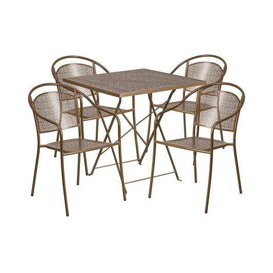 Commercial Grade 28" Square Gold Indoor-Outdoor Steel Folding Patio Table Set with 4 Round Back Chairs