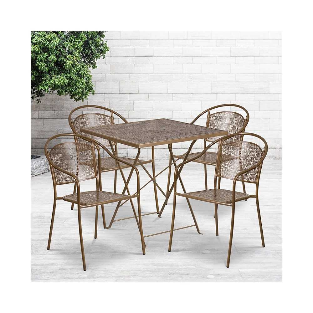 Commercial Grade 28" Square Gold Indoor-Outdoor Steel Folding Patio Table Set with 4 Round Back Chairs