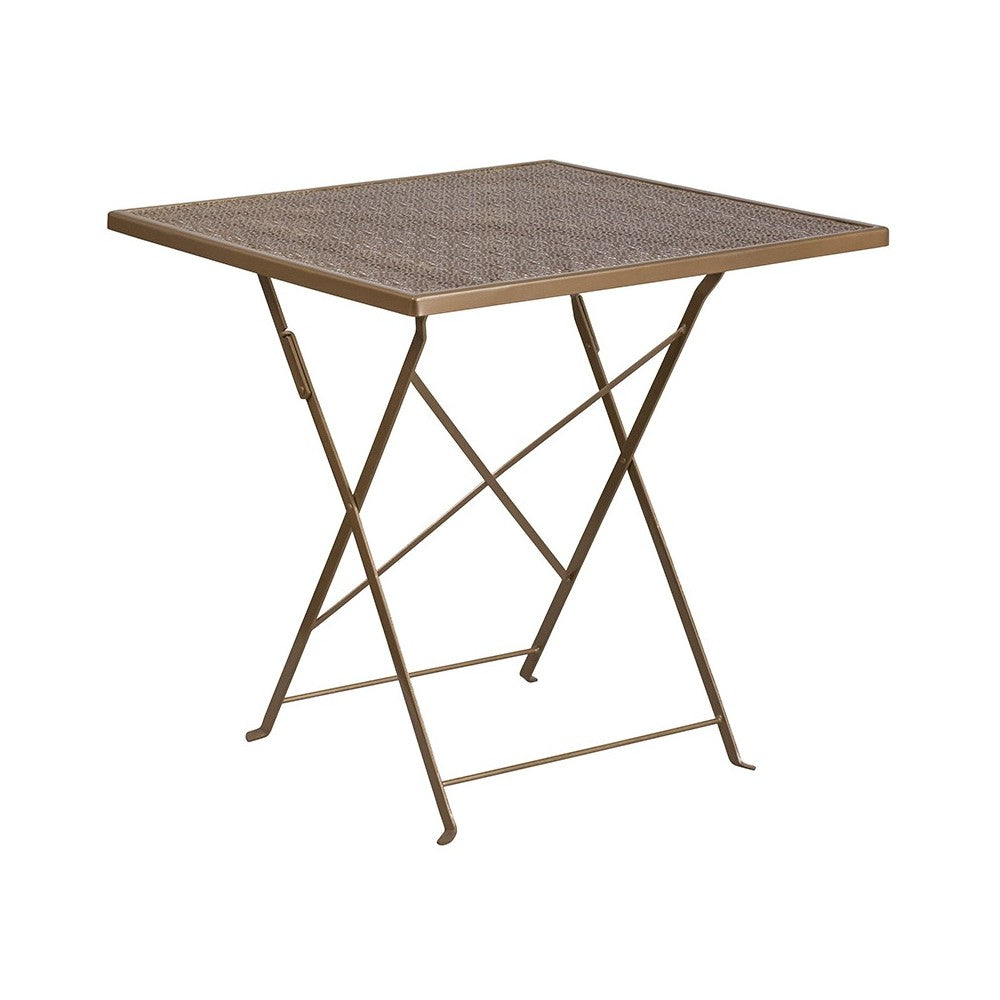 Commercial Grade 28" Square Gold Indoor-Outdoor Steel Folding Patio Table Set with 4 Round Back Chairs
