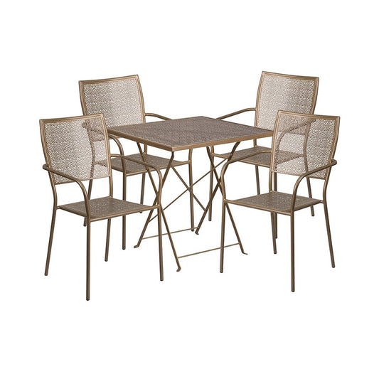 Commercial Grade 28" Square Gold Indoor-Outdoor Steel Folding Patio Table Set with 4 Square Back Chairs