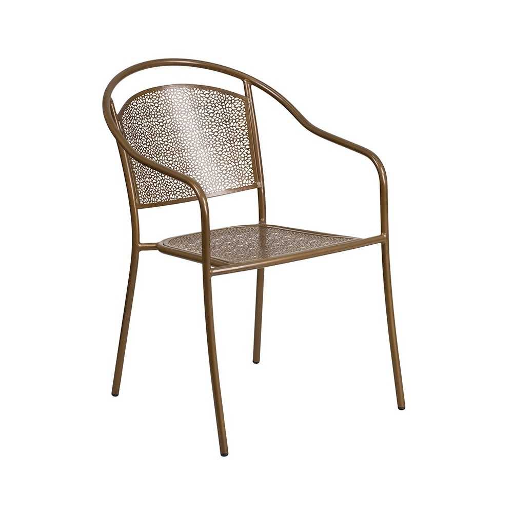 Commercial Grade 28" Square Gold Indoor-Outdoor Steel Patio Table Set with 2 Round Back Chairs