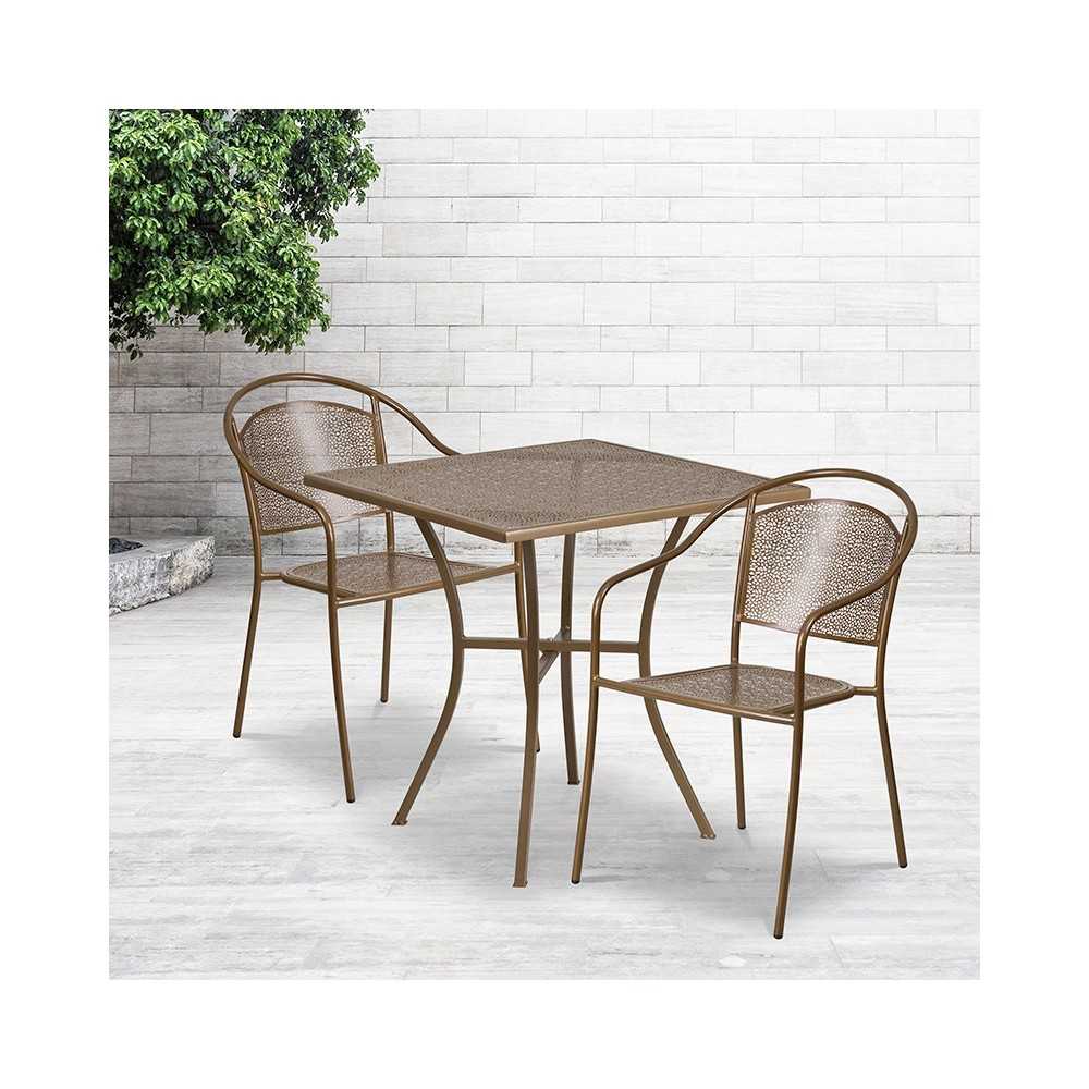 Commercial Grade 28" Square Gold Indoor-Outdoor Steel Patio Table Set with 2 Round Back Chairs