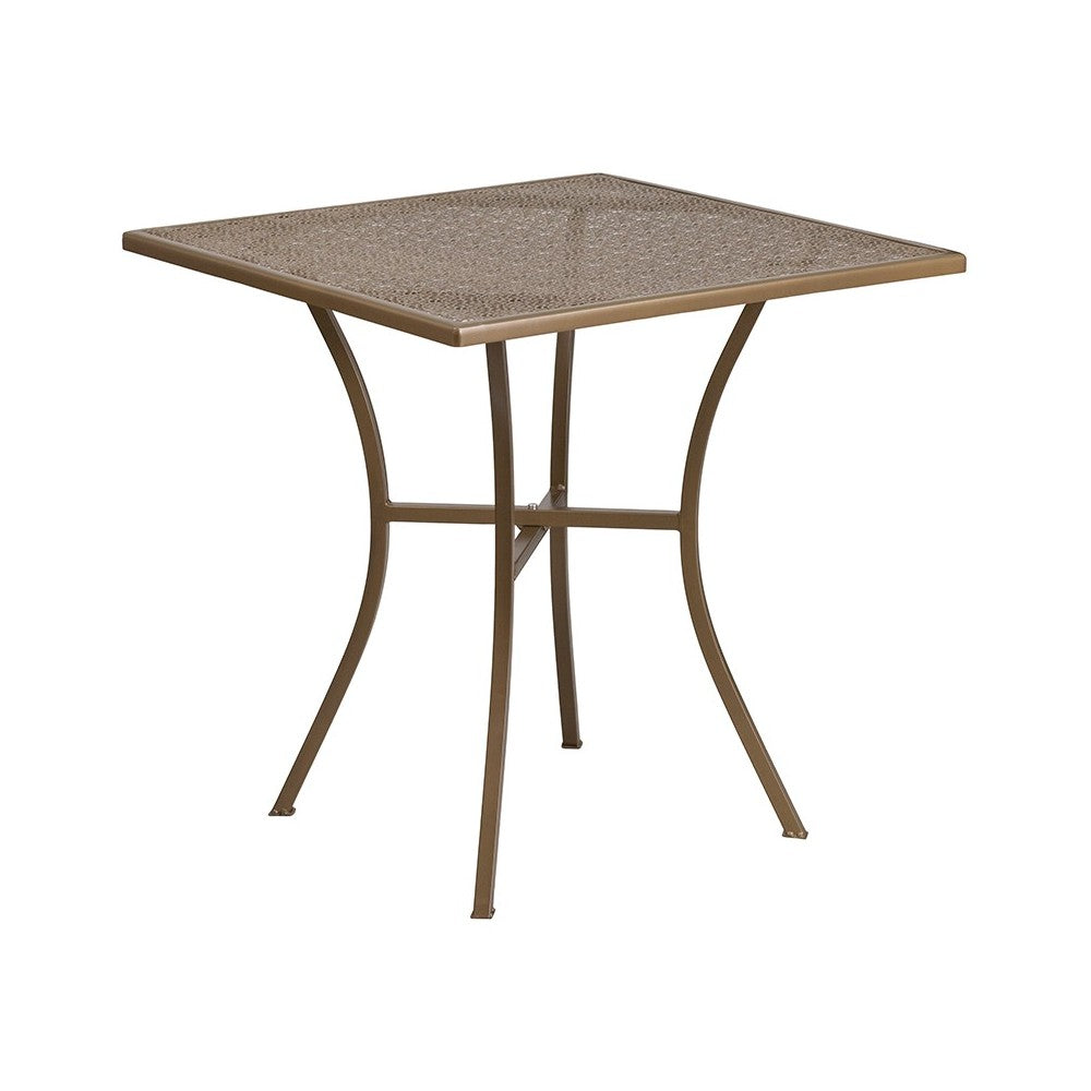 Commercial Grade 28" Square Gold Indoor-Outdoor Steel Patio Table Set with 2 Round Back Chairs
