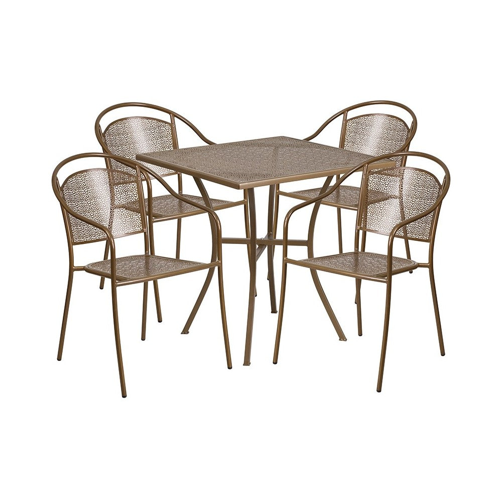 Commercial Grade 28" Square Gold Indoor-Outdoor Steel Patio Table Set with 4 Round Back Chairs