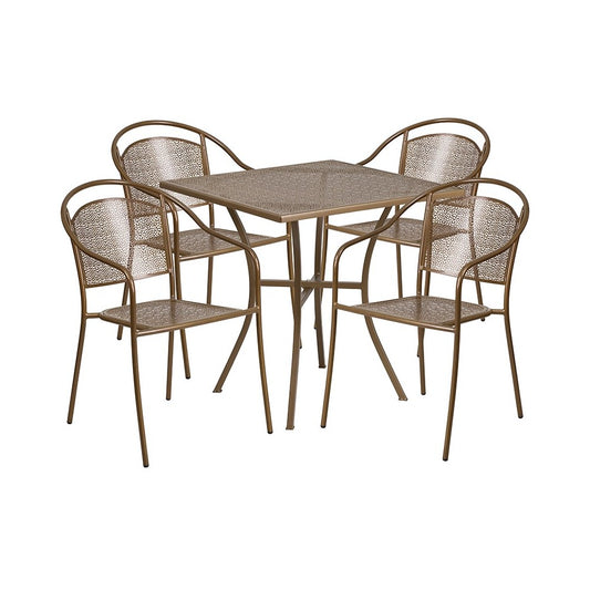 Commercial Grade 28" Square Gold Indoor-Outdoor Steel Patio Table Set with 4 Round Back Chairs