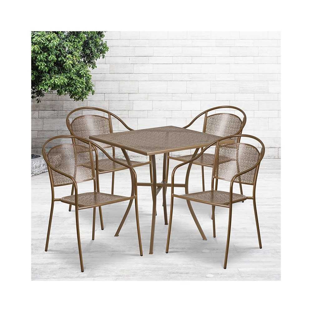 Commercial Grade 28" Square Gold Indoor-Outdoor Steel Patio Table Set with 4 Round Back Chairs