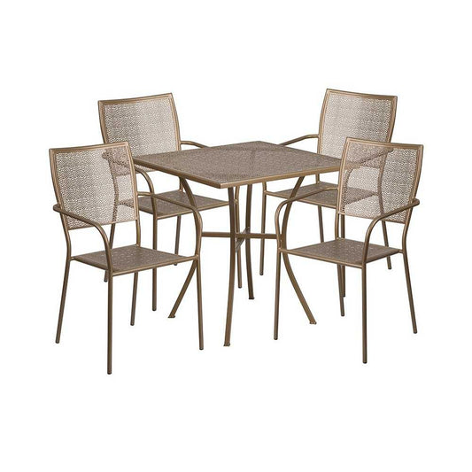 Commercial Grade 28" Square Gold Indoor-Outdoor Steel Patio Table Set with 4 Square Back Chairs