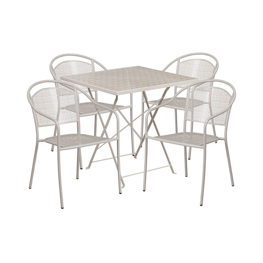 Commercial Grade 28" Square Light Gray Indoor-Outdoor Steel Folding Patio Table Set with 4 Round Back Chairs