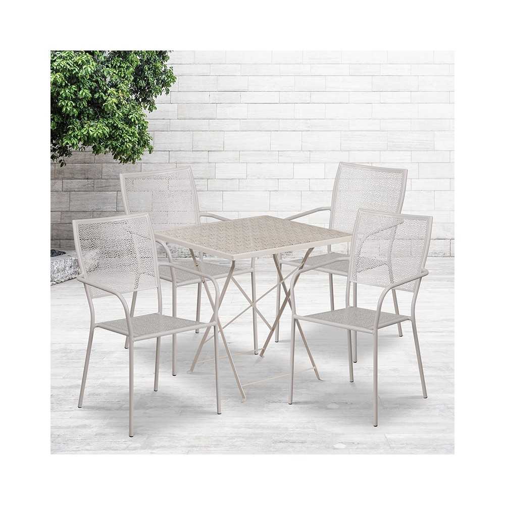 Commercial Grade 28" Square Light Gray Indoor-Outdoor Steel Folding Patio Table Set with 4 Square Back Chairs