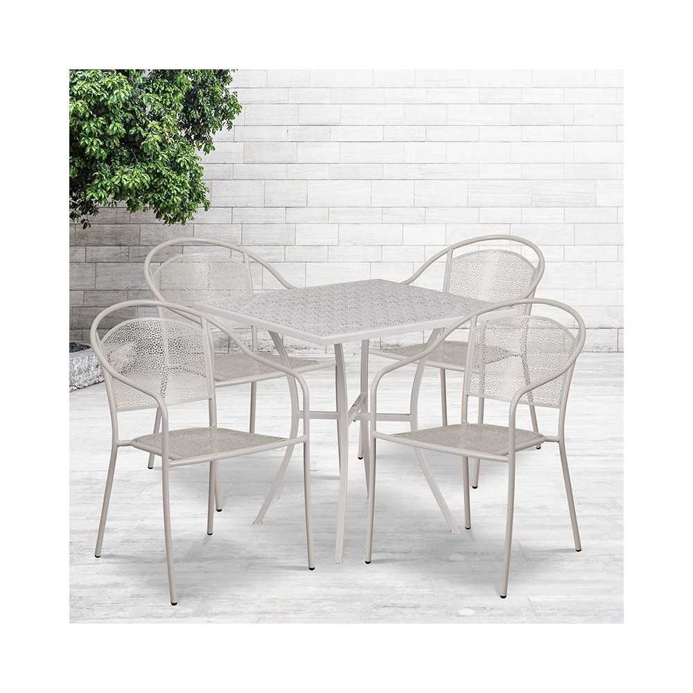 Commercial Grade 28" Square Light Gray Indoor-Outdoor Steel Patio Table Set with 4 Round Back Chairs