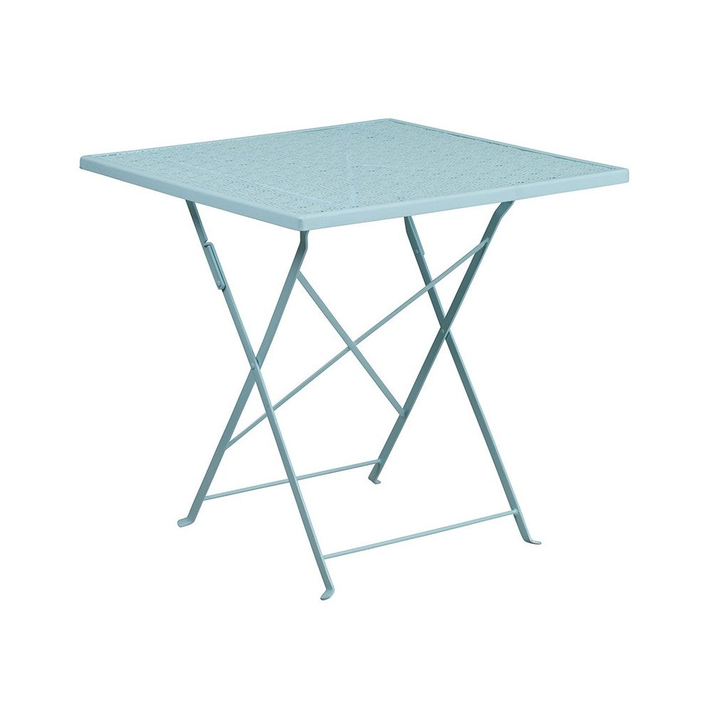 Commercial Grade 28" Square Sky Blue Indoor-Outdoor Steel Folding Patio Table Set with 4 Round Back Chairs