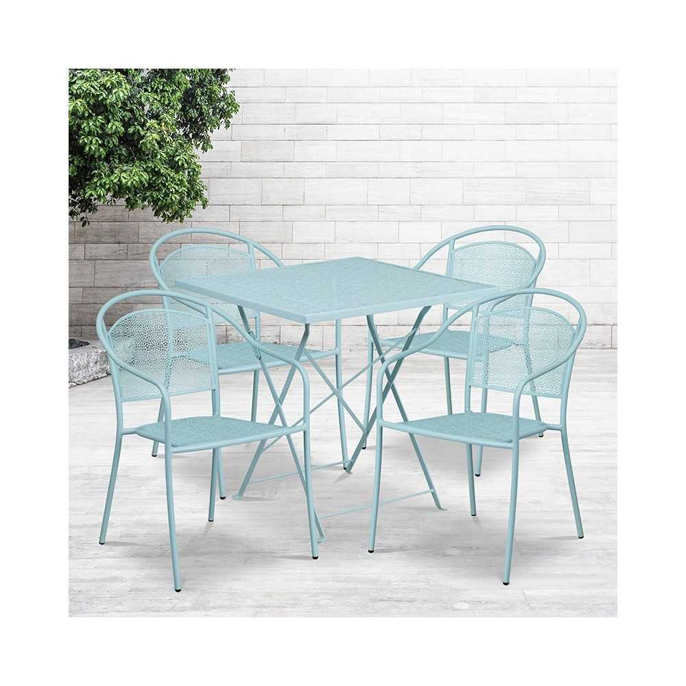 Commercial Grade 28" Square Sky Blue Indoor-Outdoor Steel Folding Patio Table Set with 4 Round Back Chairs