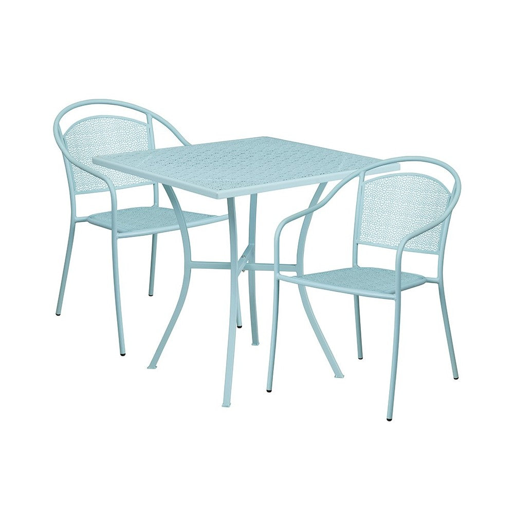 Commercial Grade 28" Square Sky Blue Indoor-Outdoor Steel Patio Table Set with 2 Round Back Chairs