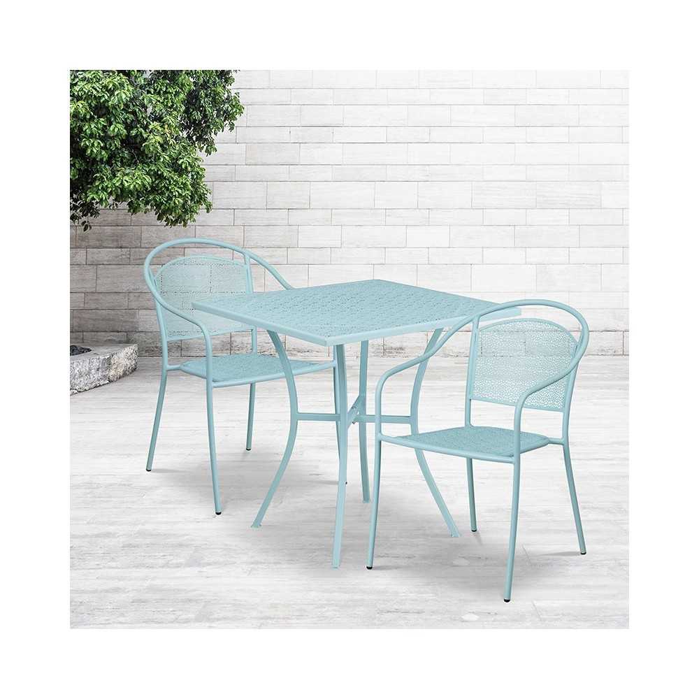 Commercial Grade 28" Square Sky Blue Indoor-Outdoor Steel Patio Table Set with 2 Round Back Chairs
