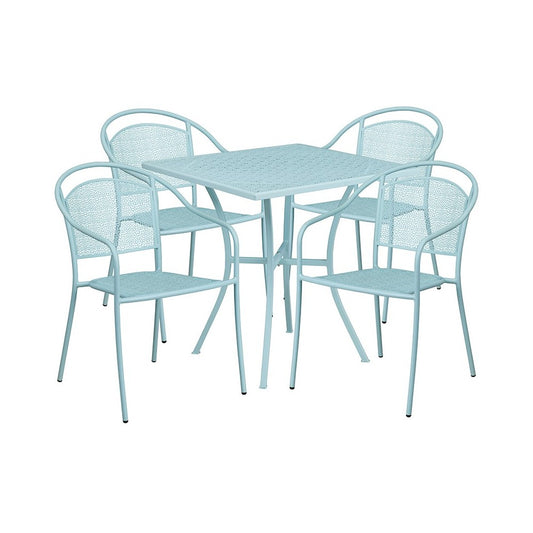 Commercial Grade 28" Square Sky Blue Indoor-Outdoor Steel Patio Table Set with 4 Round Back Chairs
